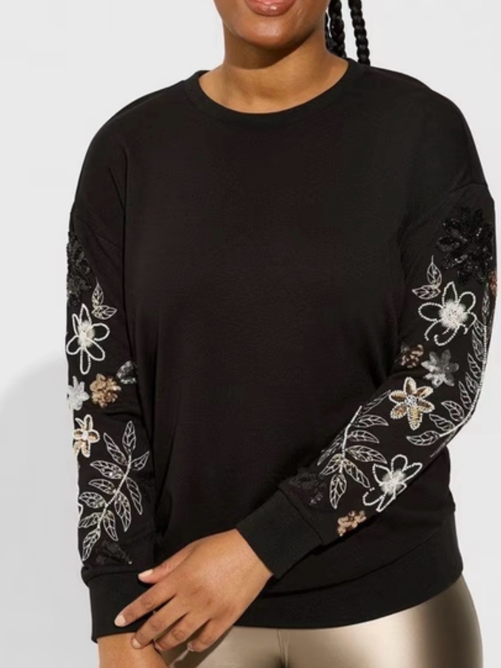 Torrid Embroidered Floral Sleeve Black Sweatshirt Lightweight Beaded Accent! 4X